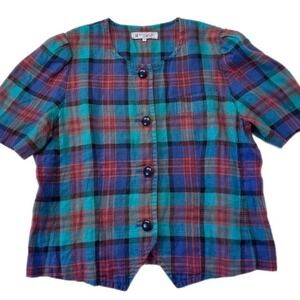 Givenchy Glamour Plaid Blouse Women 17 100% Linen Short Sleeve Blue Red Vintage